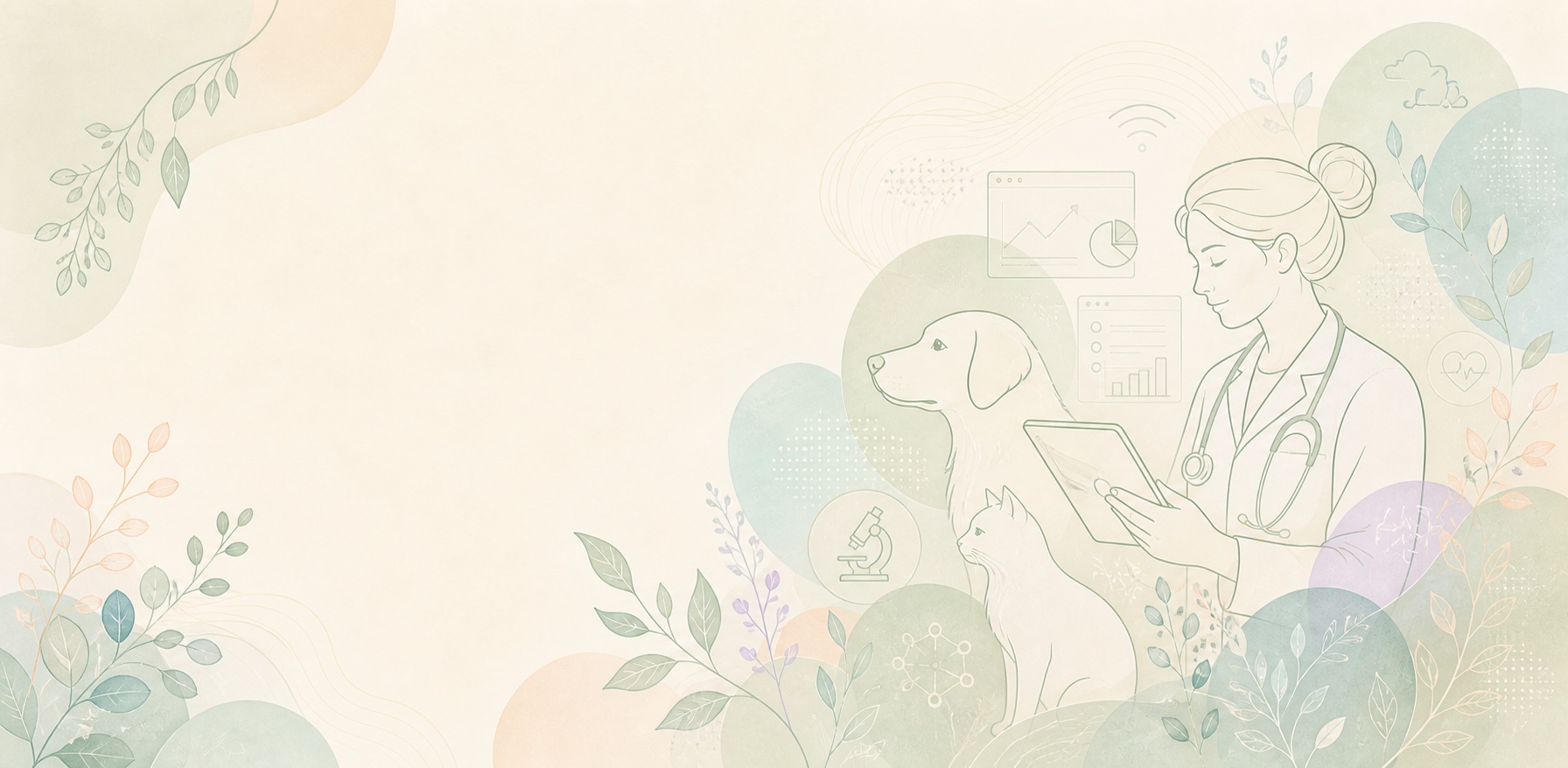 Illustration of a veterinarian reviewing animal health technology information with a dog and cat.